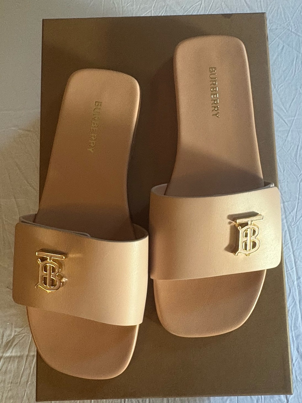 Burberry Dusky Pink Leather Slide Sandals with Gold TB Emblem